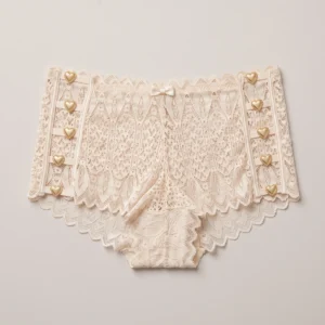 Fishnet Fleur Cream Lace Heart-Buckle Boyshort Panty