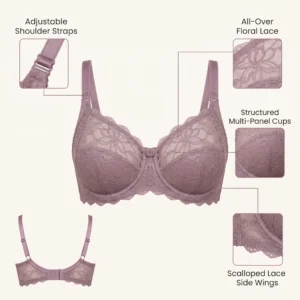 Jamunelle Mauve Purple Floral Lace Underwire Bra