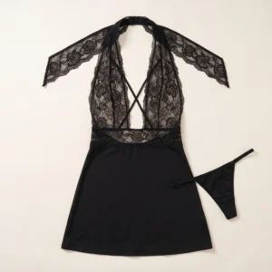 Kota Bellintima Black Halter Lace Nightwear Chemise Set