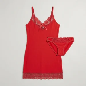 Kota Nottelina Floral Lace Hem Red Chemise & Panty Set